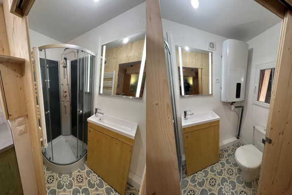 Salle d'eau Tiny House PVC carreaux de ciment
